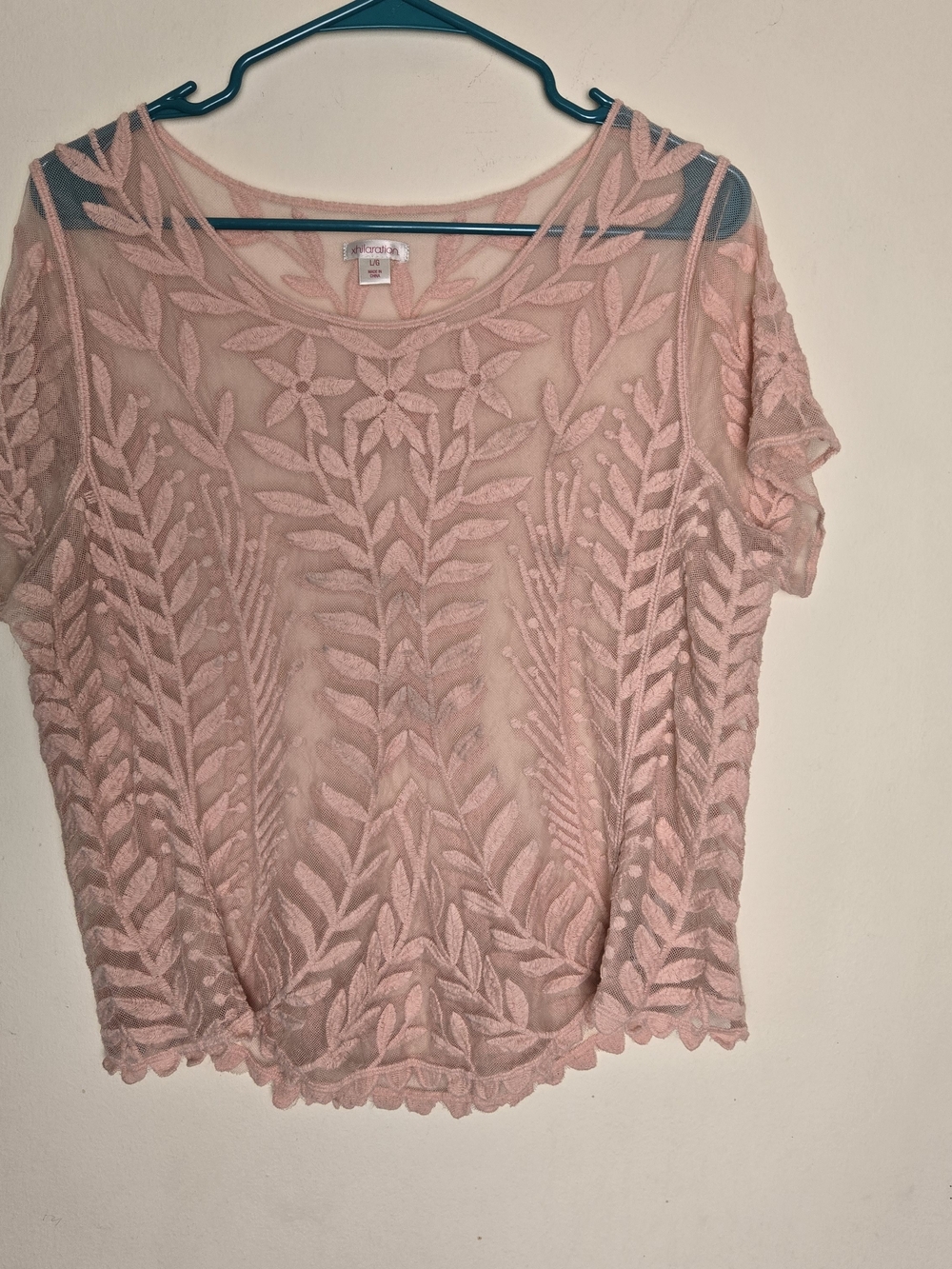 Lace Mesh Sheer Romantic Feminine Boho Floral Scalloped Hem Blouse Size Large